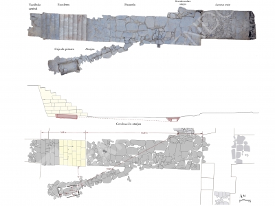 Dibujo y sección del sistema de desagüe del patio