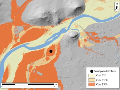 Modelo en el que se sitúa la necrópolis de El Pozo (Medellín, Badajoz) ante los diferentes eventos de inundación previstos.